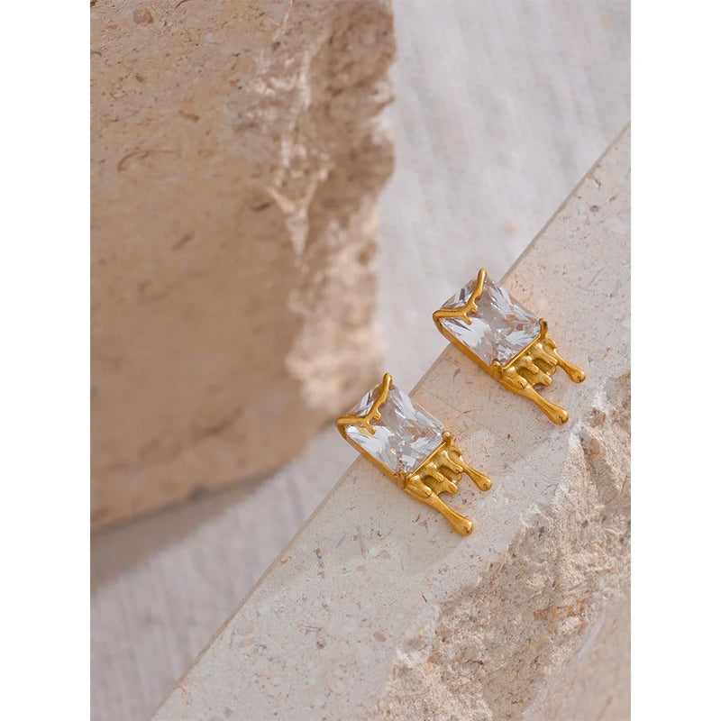 Cubic Zirconia Melted Cube Stud Earrings