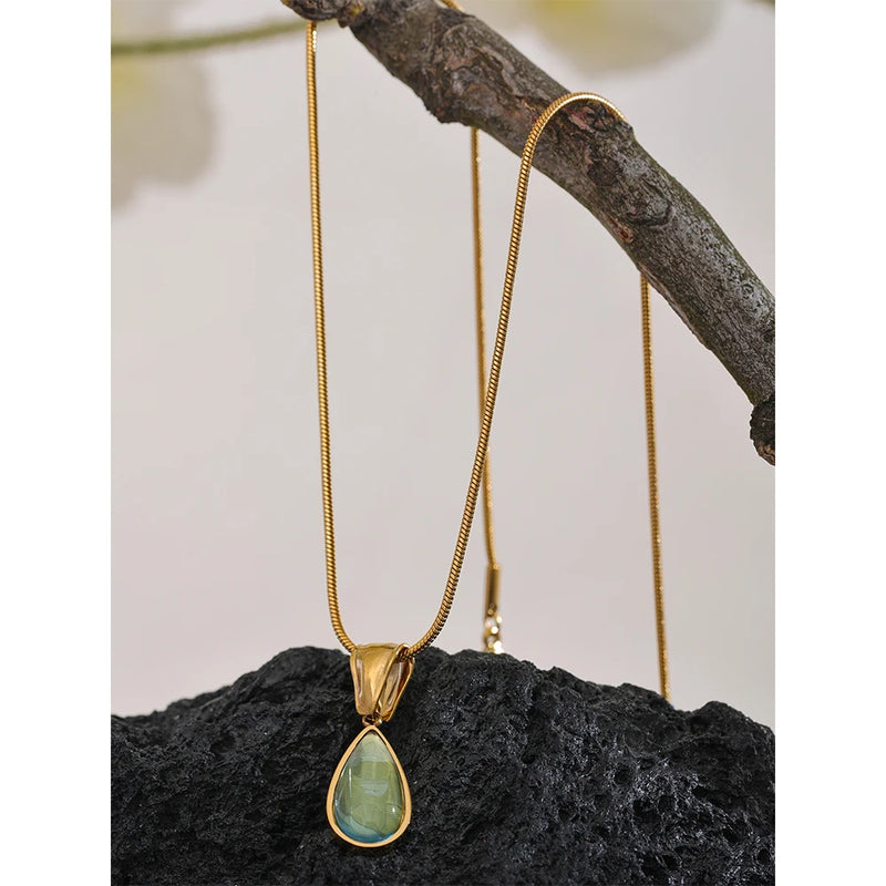 Green Glass Crystal Water Drop Necklace