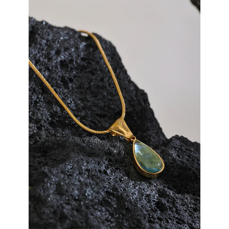 Green Glass Crystal Water Drop Necklace