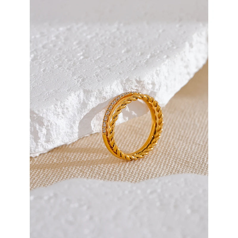 Golden Twirl: A Cubic Zirconia Double Band Ring