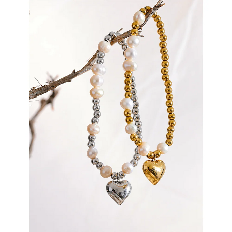 Drop Heart Pearl Chain Bracelet