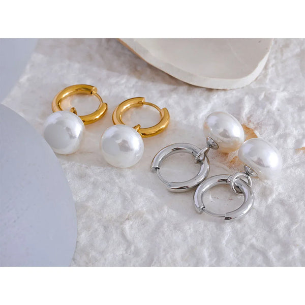 Imitation Pearls Drop Golden Hoop Earrings