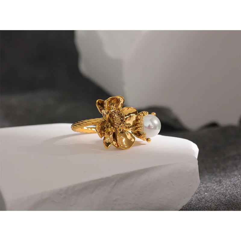 Flower pearl Adjustable Open Ring